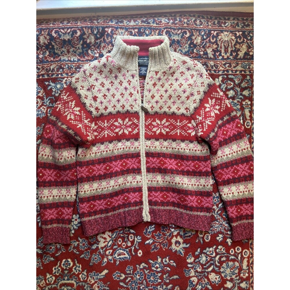 Vtg Eddie Bauer Lambswool Sweater Cardigan Full Zip Womens Medium Red Pink